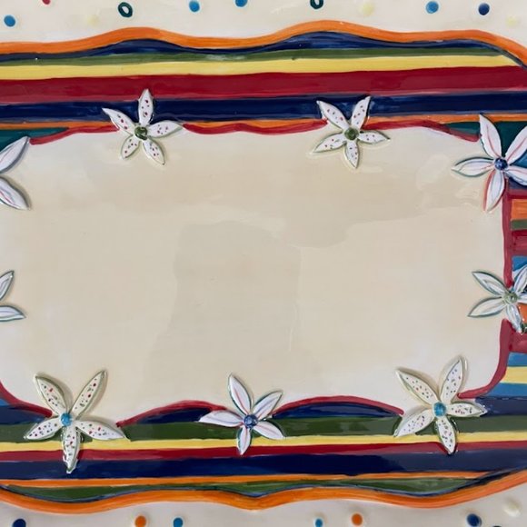 MWW Market Cindy Shamp Rooster Floral Colorful Stripe Ceramic Platter Serving - Picture 3 of 9